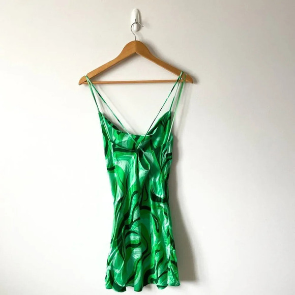 Zara Blogger Favourite Satin Swirl Slip Cowl  Neck Mini Dress Green Sz Medium - Picture 11 of 14